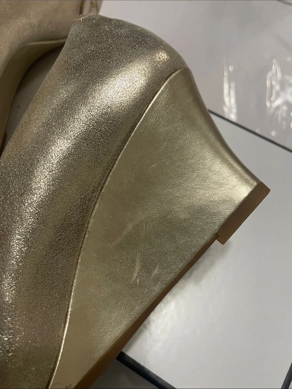 New Alex Marie Gold Peep-Toe Low Wedge Heels.